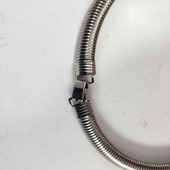 Choker Necklace Black Inset 1980s Deco Stainless Chrome Collar Snake Metal Coil - Picture 8 of 8